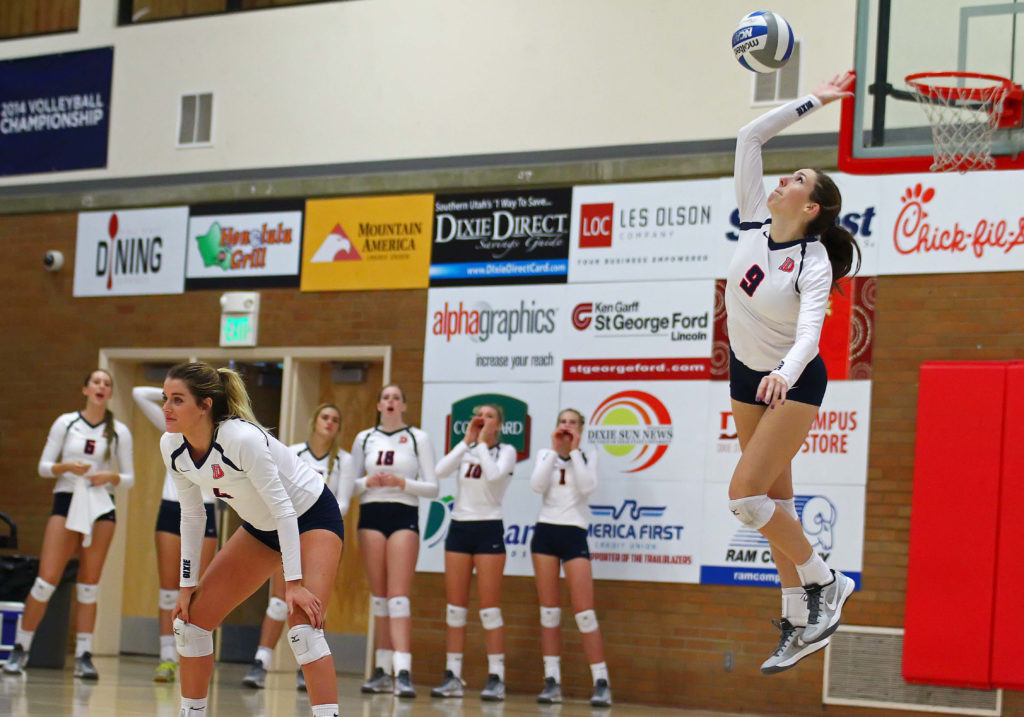 Dixie State's Megan Huddleston (9), Dixie State University vs. Holy Names University, Volleyball, St. George, Utah, Sept. 24, 2016, | Photo by Robert Hoppie, ASPpix.com, St. George News