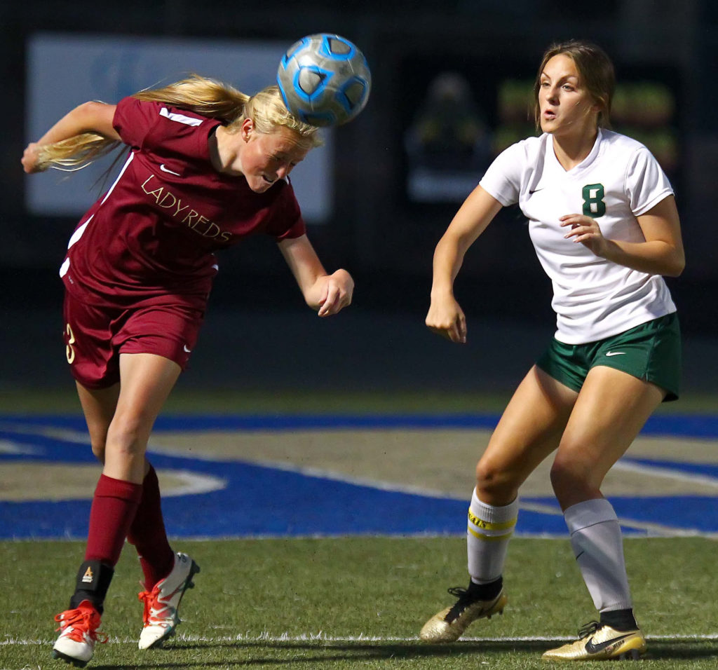 Cedar's Rachel Hunt (3) and Snow Canyon's Megan Weston (8), Snow Canyon vs. Cedar, Soccer, St. George, Utah, Sept. 13, 2016, | Photo by Robert Hoppie, ASPpix.com, St. George News