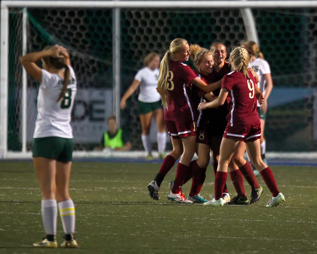 Cedar celebrates a first half goal, Snow Canyon vs. Cedar, Soccer, St. George, Utah, Sept. 13, 2016, | Photo by Robert Hoppie, ASPpix.com, St. George News