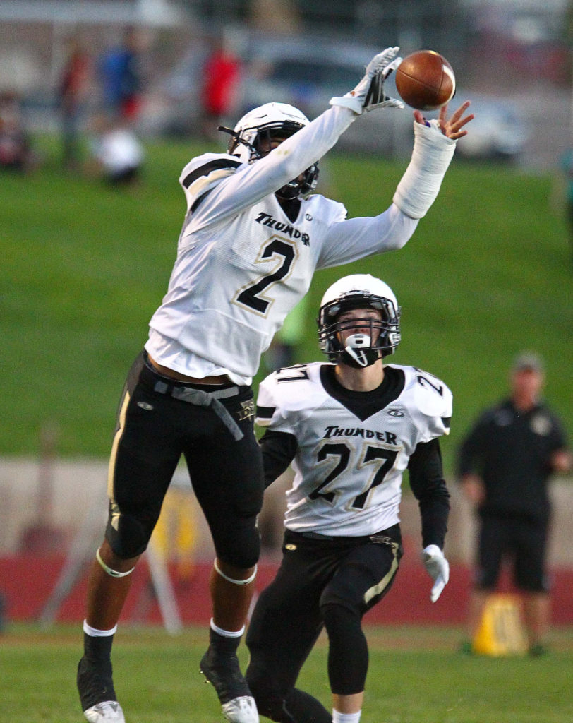 Desert Hills’ Nephi Sewell (2) makes an interception and runs it back for a touchdown, Cedar vs. Desert Hills, Football, Cedar City, Utah, Sept. 16, 2016, | Photo by Robert Hoppie, ASPpix.com, St. George News