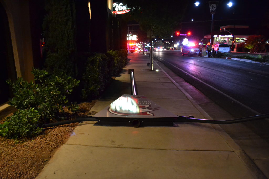 A light pole was removed after a car drove through the median just before the intersection of St. George Blvd. and 700 East, St. George, Utah, Sept. 18, 2016 | Photo by Joseph Witham, St. George News