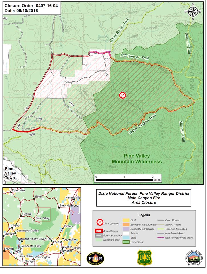 A map marking the location of the Main Fire in the Pine Valley Mountain wilderness, Washington County, Utah, Sept. 12, 2016 | Photo courtesy of the U.S. Forest Service, St. George News
