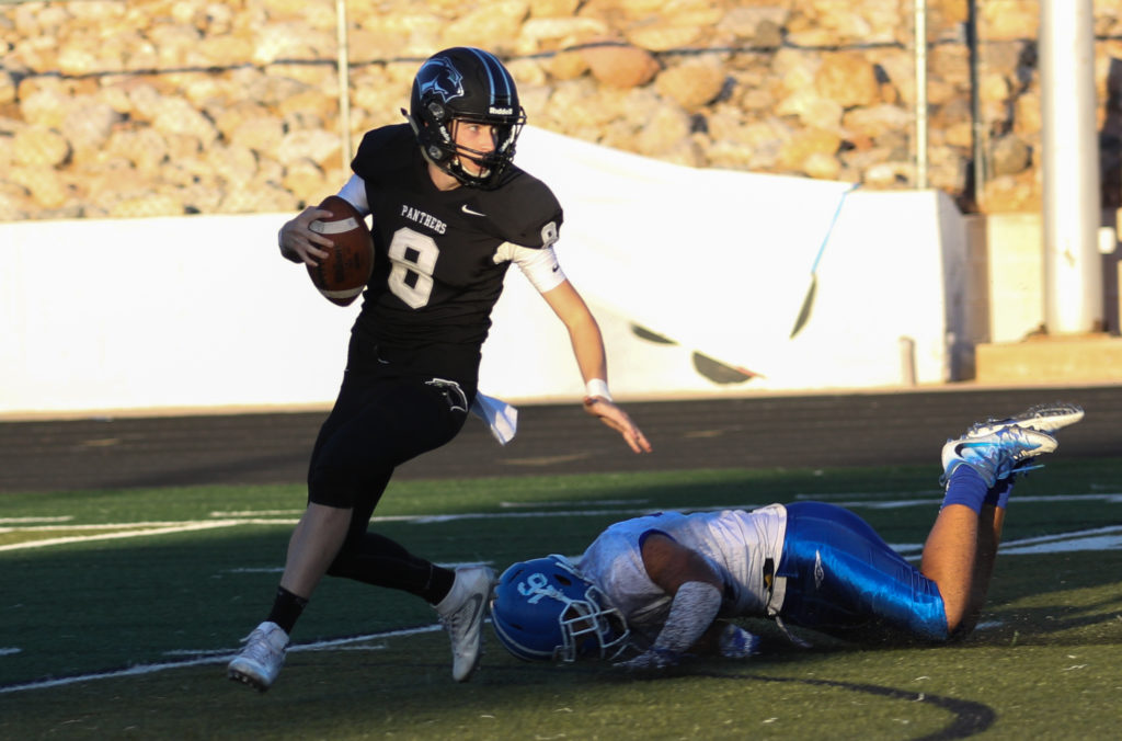 Pine View's Jacob Brann (8), And Dixie's Taylor Gower (16), Pine View vs. Dixie, Football, St. George, Utah, Sep.16, 2016, | Photo by Kevin Luthy, St. George News