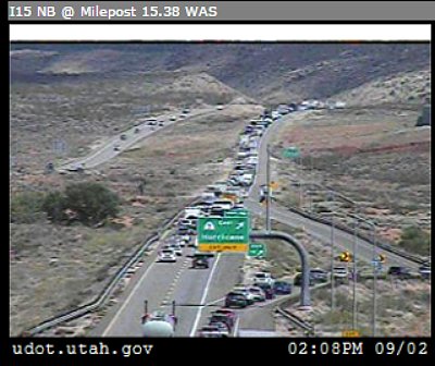 Traffic backed up on northbound I-15 due a traffic accident at milepost 19, Hurricane, Utah, Sept. 2, 2016 | Photo courtesy of the Utah Department of Transportation, St. George News
