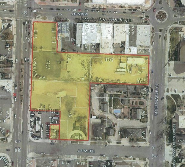 A highlighted map of the mixed-use "City View" development proposed for downtown St. George at Main Street and St. George Boulevard | Image courtesy of Peg Development, St. George News