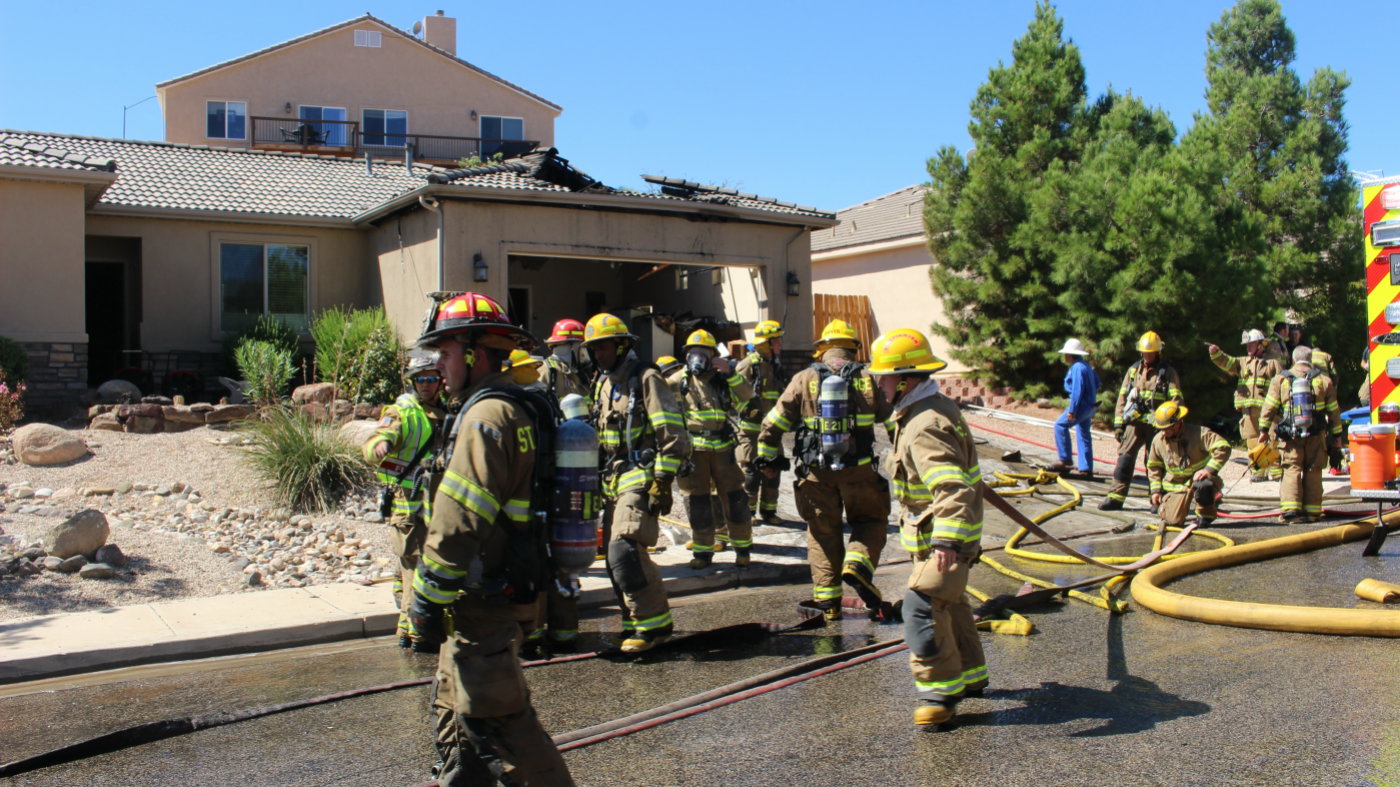 A St. George firefighter was injured when a garage door came down on him during a house fire on Lava Point Drive in St George, Utah, Sept. 19, 2016 | Photo by Mori Kessler, St. George