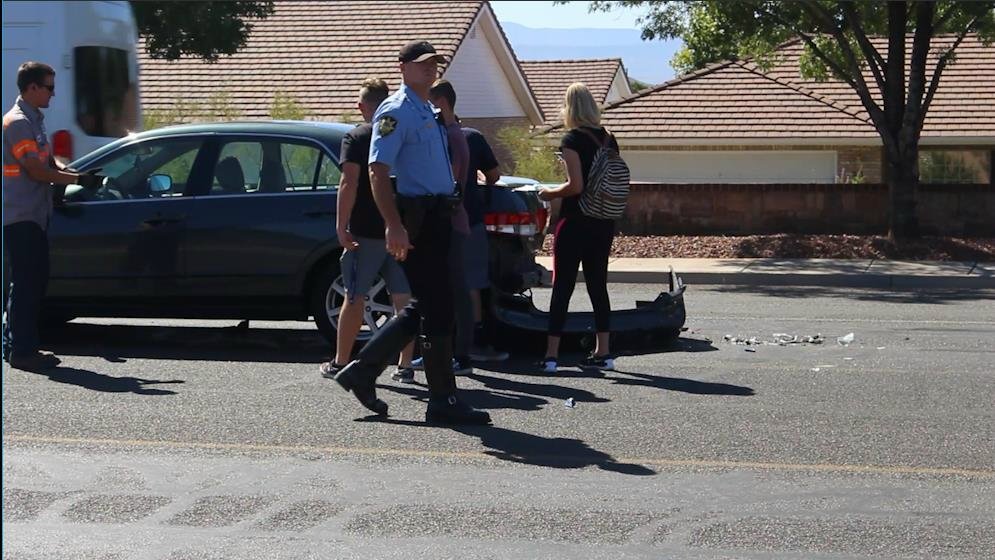 A lunch run didn't go so well for some teens when their vehicles ended up taking part in an unwanted game of bumper cars on 700 South. Two cars were stopped in the roadway while a third failed to stop in time and hit one car, causing it to hit the car in front of it, St. George, Utah, Sept. 15, 2016 | Photo by Mike Cole, St. George News