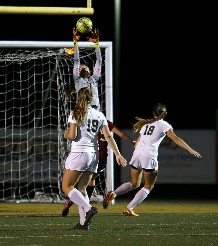 Desert Hills' Brittney Moore (1) makes a save, Desert Hills vs. Pine View, Soccer, St. George, Utah, Oct. 6, 2016, | Photo by Robert Hoppie, ASPpix.com, St. George News