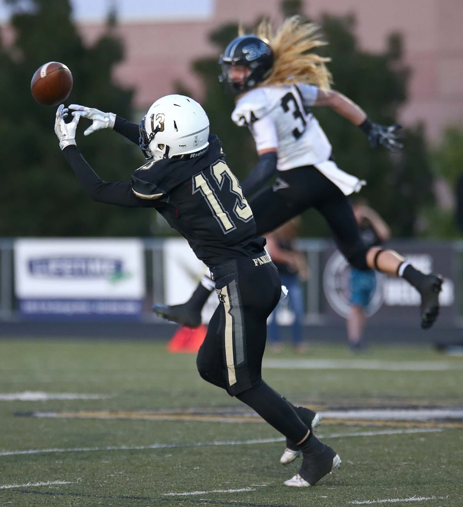 Desert Hills’ Bo Barben (13) and Pine View's Brennan Bithell (34), Desert Hills vs. Pine View, Football, St. George, Utah, Oct. 7, 2016, | Photo by Robert Hoppie, ASPpix.com, St. George News