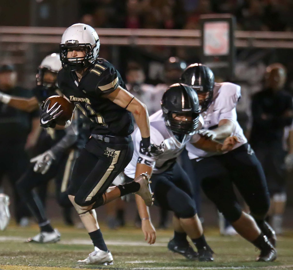 Desert Hills’ Ryan Hoppie (11) returns an interception, Desert Hills vs. Pine View, Football, St. George, Utah, Oct. 7, 2016, | Photo by Robert Hoppie, ASPpix.com, St. George News