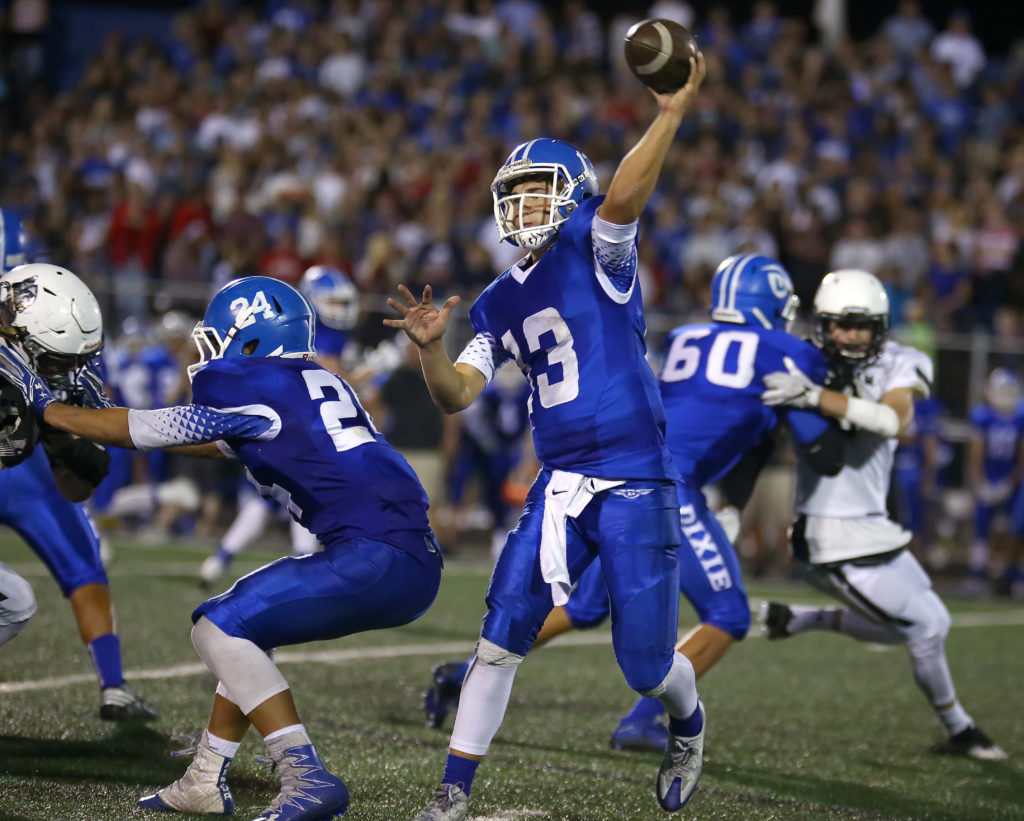 Dixie's Jacob Barben (13), Dixie vs. Desert Hills, Football, St. George, Utah, Sept. 30, 2016, | Photo by Robert Hoppie, ASPpix.com, St. George News