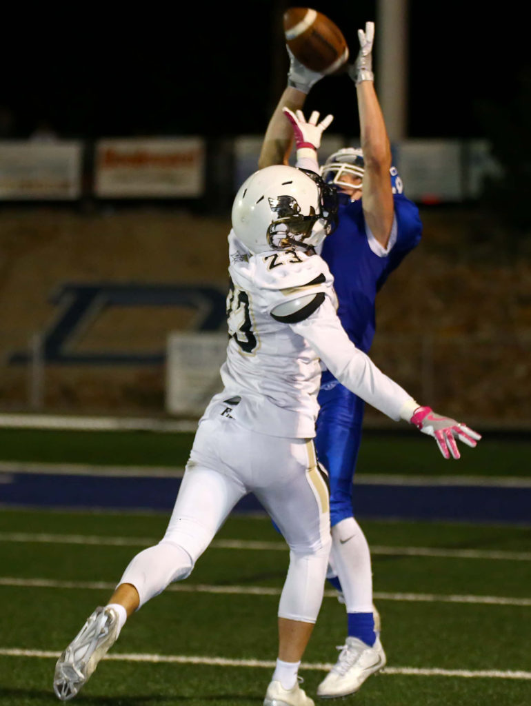 Dixie's Hobbs Nyberg (9) makes an interception to seal the Flyer victory, Dixie vs. Desert Hills, Football, St. George, Utah, Sept. 30, 2016, | Photo by Robert Hoppie, ASPpix.com, St. George News