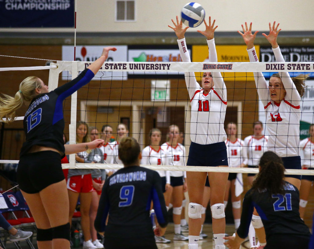 Dixie State's Brette Anderson (10) and Kayla Chapman (13), Dixie State University vs. Chaminade University, Volleyball, St. George, Utah, Oct. 1, 2016, | Photo by Robert Hoppie, ASPpix.com, St. George News