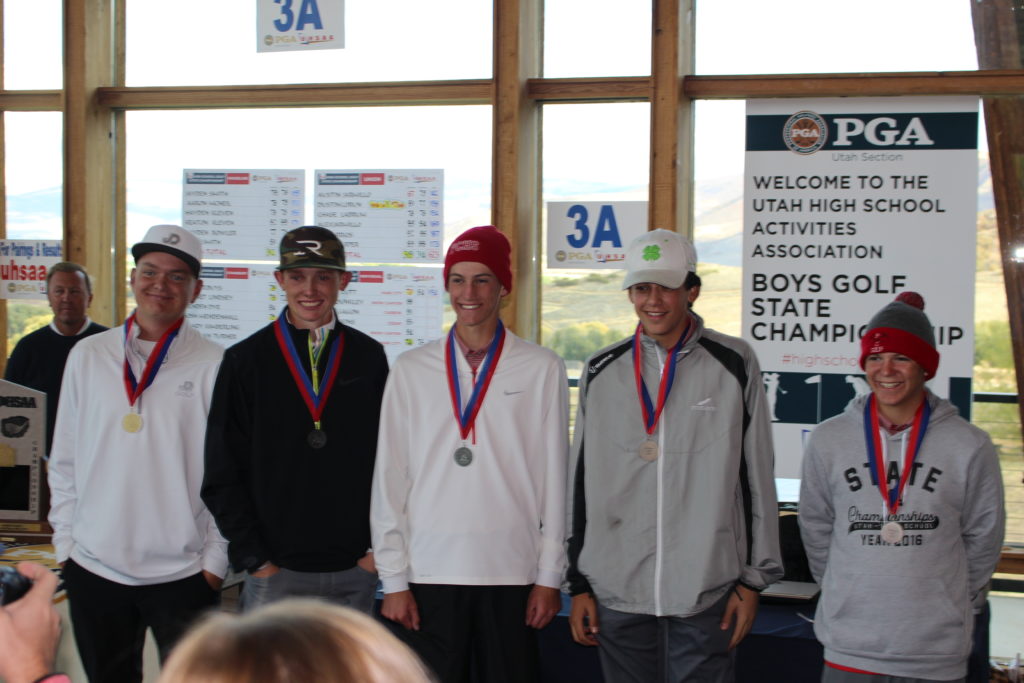 The top five golfers in the state, including Pine View's Noah Schone (second from left), at the 3A State Golf Tournament at Soldier Hollow Golf Course, Midway, Utah, Oct. 6, 2016 | Photo by AJ Griffin, St. George News