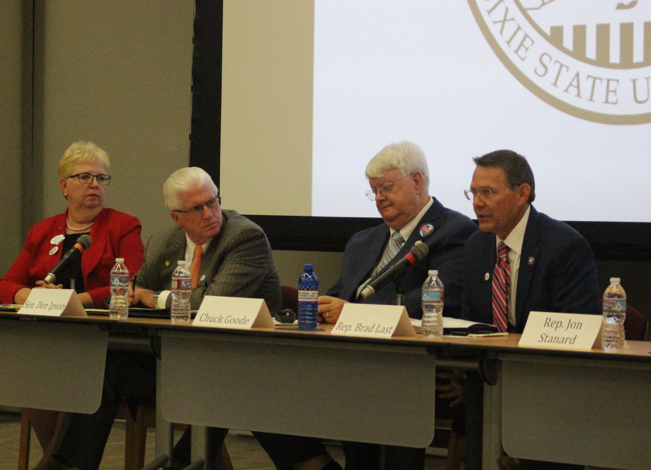 L-R: Legislative candidates Dorothy Engelman, Sen. Don Ipson, Chuck Goode and Rep. Brad Last, and southwest Utah legislative candidates discussed issues facing the state and Washington County at a forum hosted at Dixie State University, St. George, Utah, Oct. 5, 2016 | Photo by Mori Kessler, St. George News 