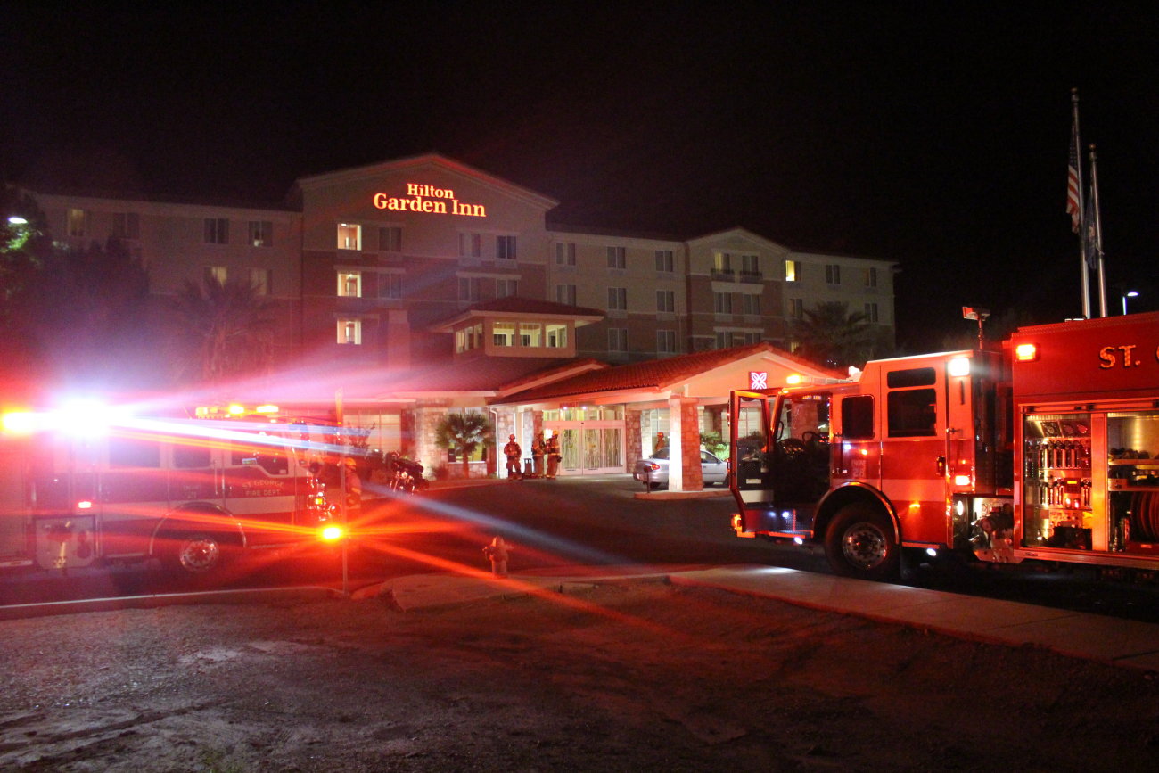 St. George firefighters responded to the call of a possible fire at the Hilton Garden Inn based on the smell of smoke on the 4th floor. However, when firefighters arrived and searched the hotel, they were unable to find any signs of a fire beyond what could have been the faint odor of burnt food, St. George, Utah, Oct. 18, 2016 | Photo Mori Kessler, St. George News