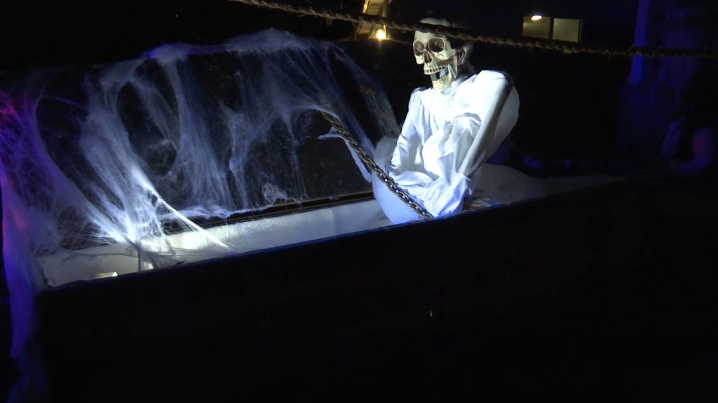 Screenshot: A skeleton bursts from a coffin at the home of Todd Wood, Santa Clara, Utah, Oct. 27, 2016 | Screenshot from video by Austin Peck, St. George News