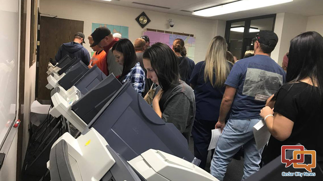 Voters cast their ballots Tuesday after waiting for some time in long lines. Parowan City, Utah, Nov. 8, 2016 | Photo by Tracie Sullivan, St. George / Cedar City News