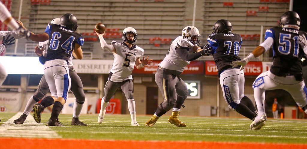 Desert Hills' Quinn Kiser (5), Desert Hills vs. Stansbury, 3AA Football Semifinals, Salt Lake City, Utah, Nov. 10, 2016, | Photo by Robert Hoppie, ASPpix.com, St. George News