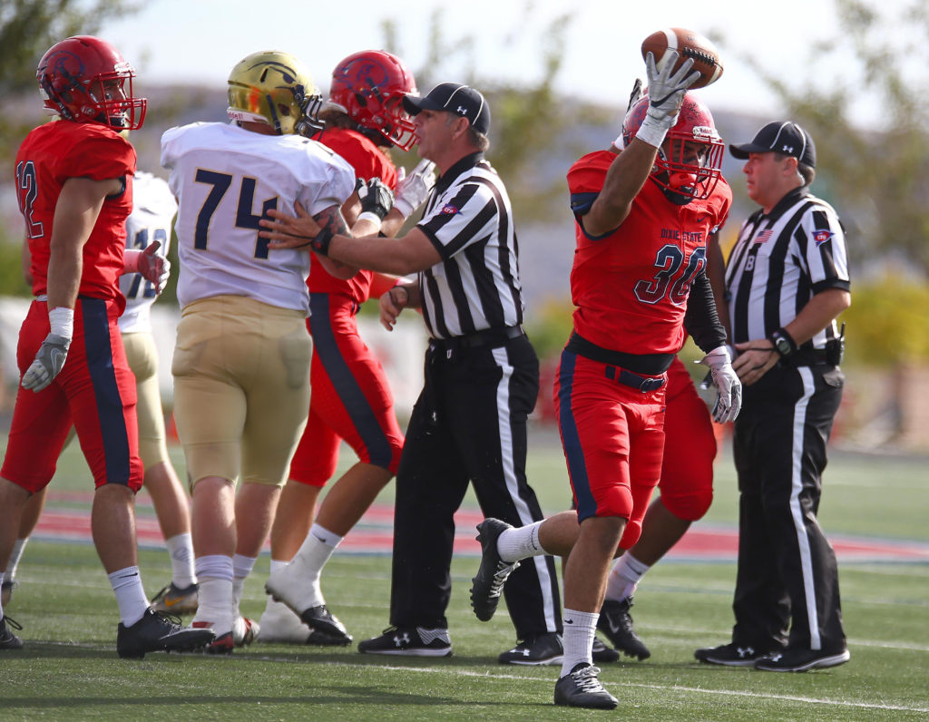 Dixie State's Noe Perez (30) recovers a fumble, Dixie State University vs. Fort Lewis University, St. George, Utah, Nov. 12, 2016, | Photo by Robert Hoppie, ASPpix.com, St. George News