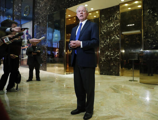 In file photo, Sen. Jeff Sessions, R-Ala. speaks to media at Trump Tower in New York. President-elect Donald Trump has picked Sessions for the job of attorney general, Nov. 17, 2016 | (AP Photo/Carolyn Kaster)