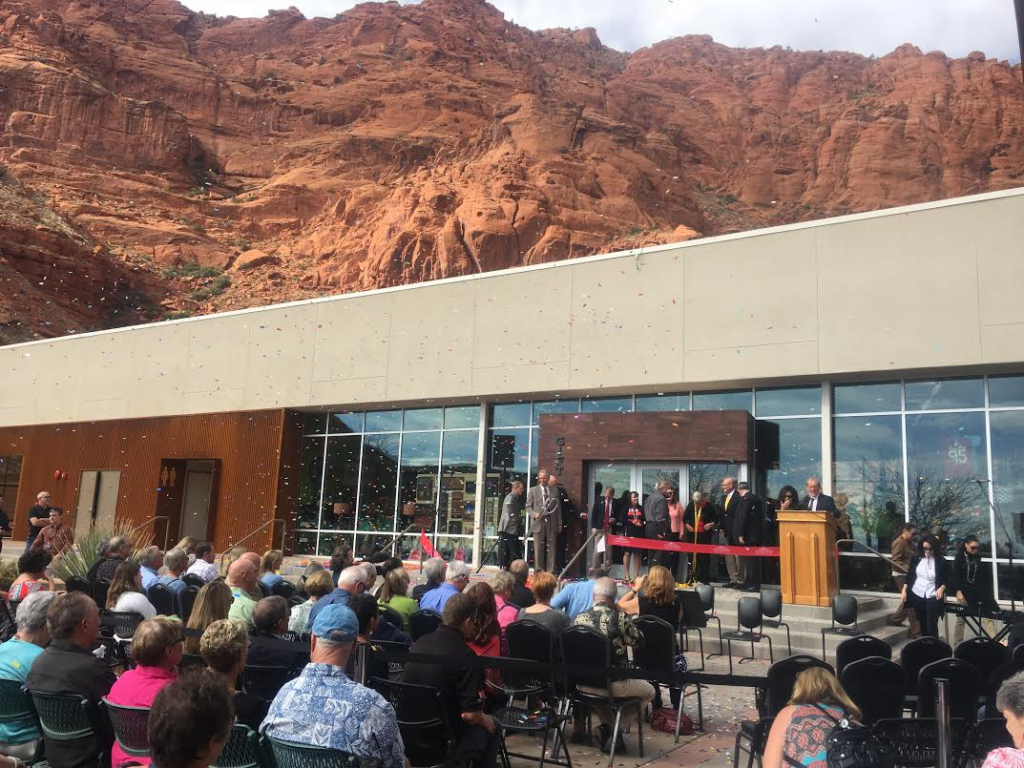 Guests are showered in confetti during a ribbon cutting ceremony for the new Tuacahn Arts Center, Ivins, Utah, Nov. 4, 2016 | Photo by Hollie Reina, St. George News