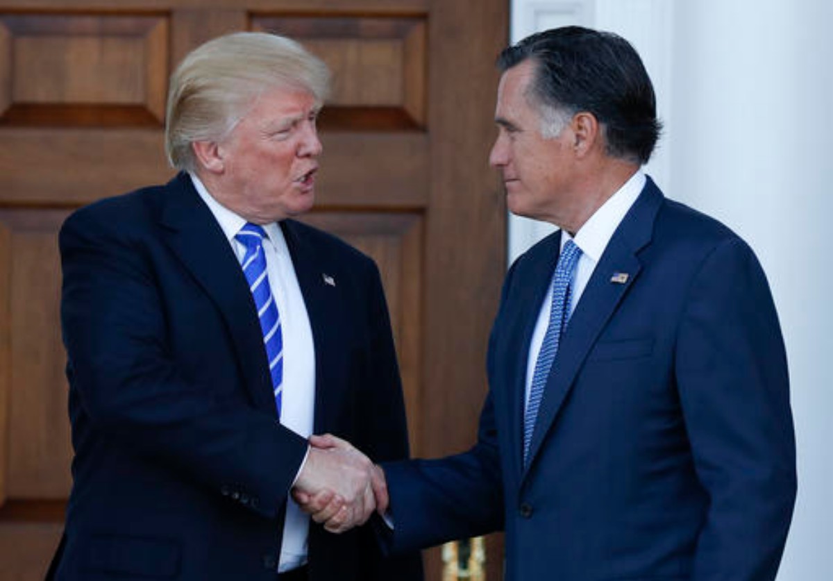 President-elect Donald Trump and Mitt Romney shake hands as Romney leaves Trump National Golf Club Bedminster in Bedminster, N.J., Saturday, Nov. 19, 2016 | AP Photo/Carolyn Kaster. St. George News