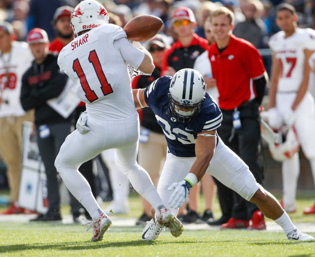 Mike Sharp (11) tries to make a catch as he's hit by Erik Takenaka, SUU at BYU, college football, Provo, Utah, Nov. 12, 2016 | Photo by BYU Photo