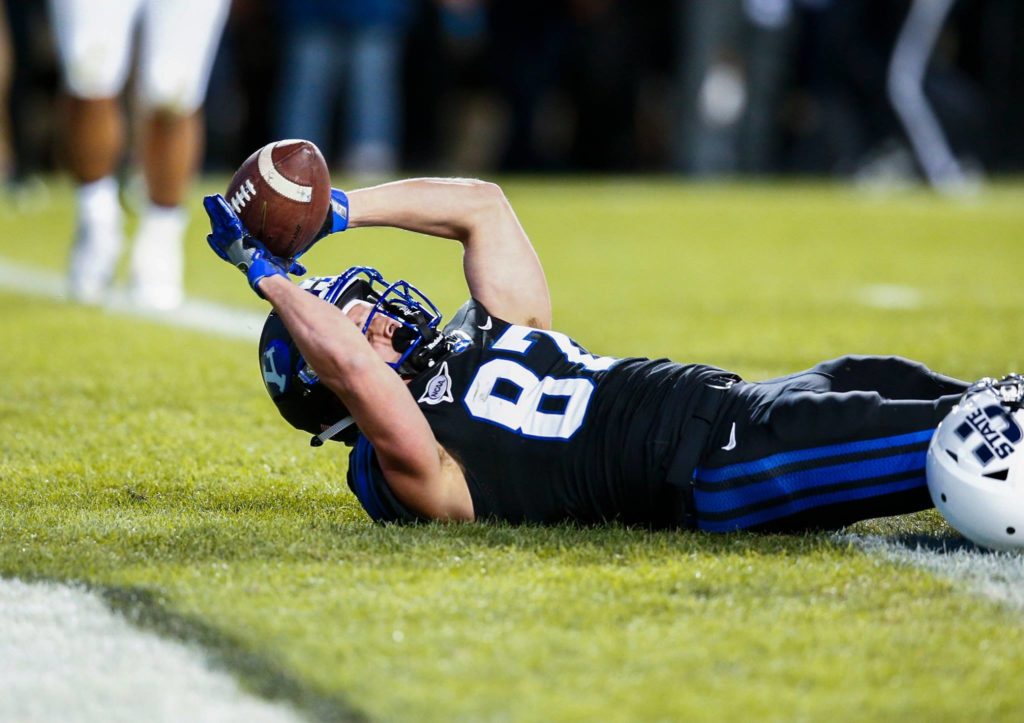 Mitchell Juergens sores a touchdown Saturday night, BYU vs. Utah State, Provo, Utah, Nov. 26, 2016 | Photo by BYU Photo