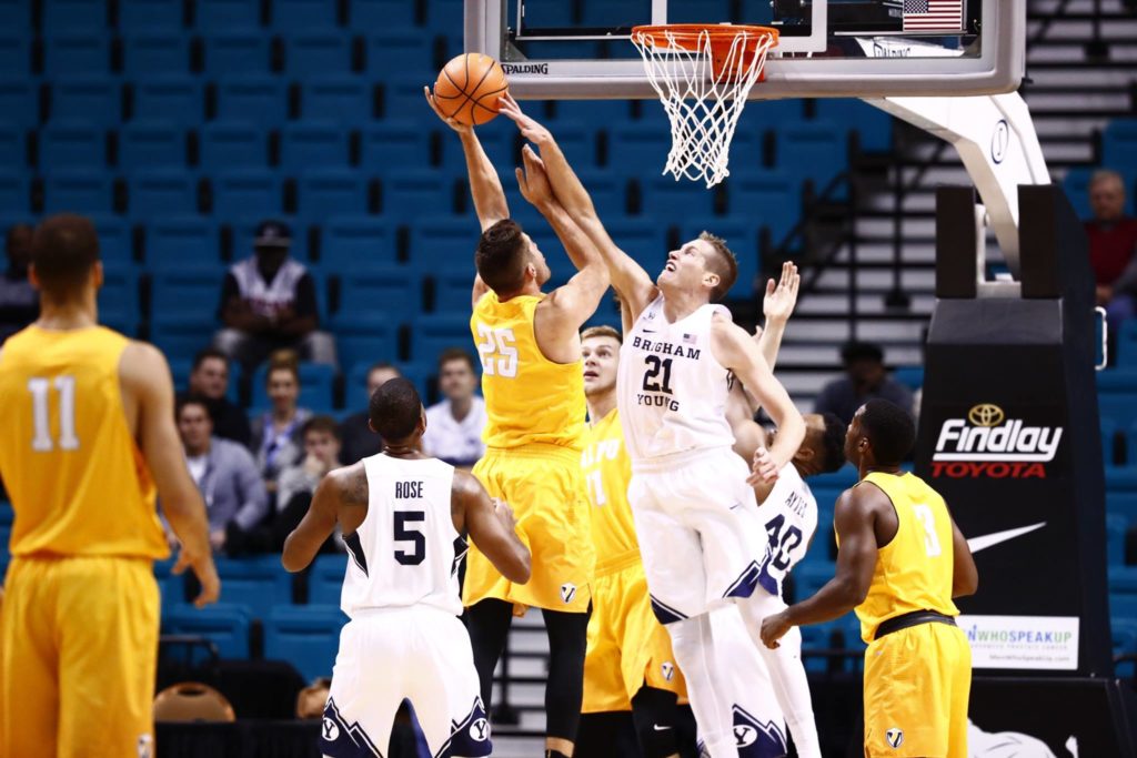 Kyle Davis blocks , BYU vs. Valparaiso, Las Vegas, Nev., Nov. 23, 2016 | Photo by BYU Photo