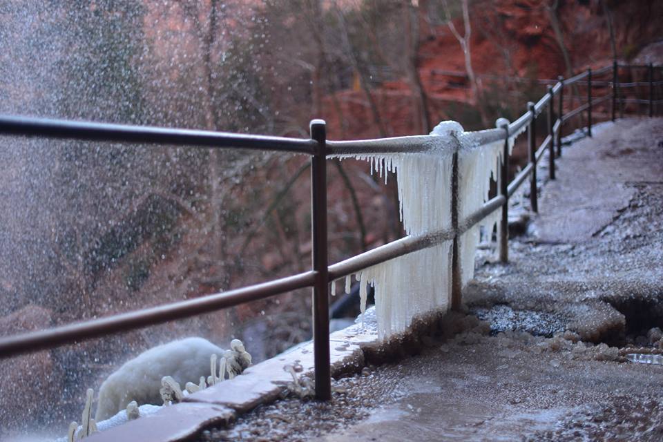 Zion National Park warns the public to be cautious of ice on trails and the inherent risk associated with it, especially on trails with permanent water features. This image was shot Sunday, Dec. 18, 2016, at the Emerald Pools trail below the waterfall, Zion National Park | Photo courtesy of Cadence Chinle Cook, Zion National Park via Facebook, Dec. 20, 2016, St. George News