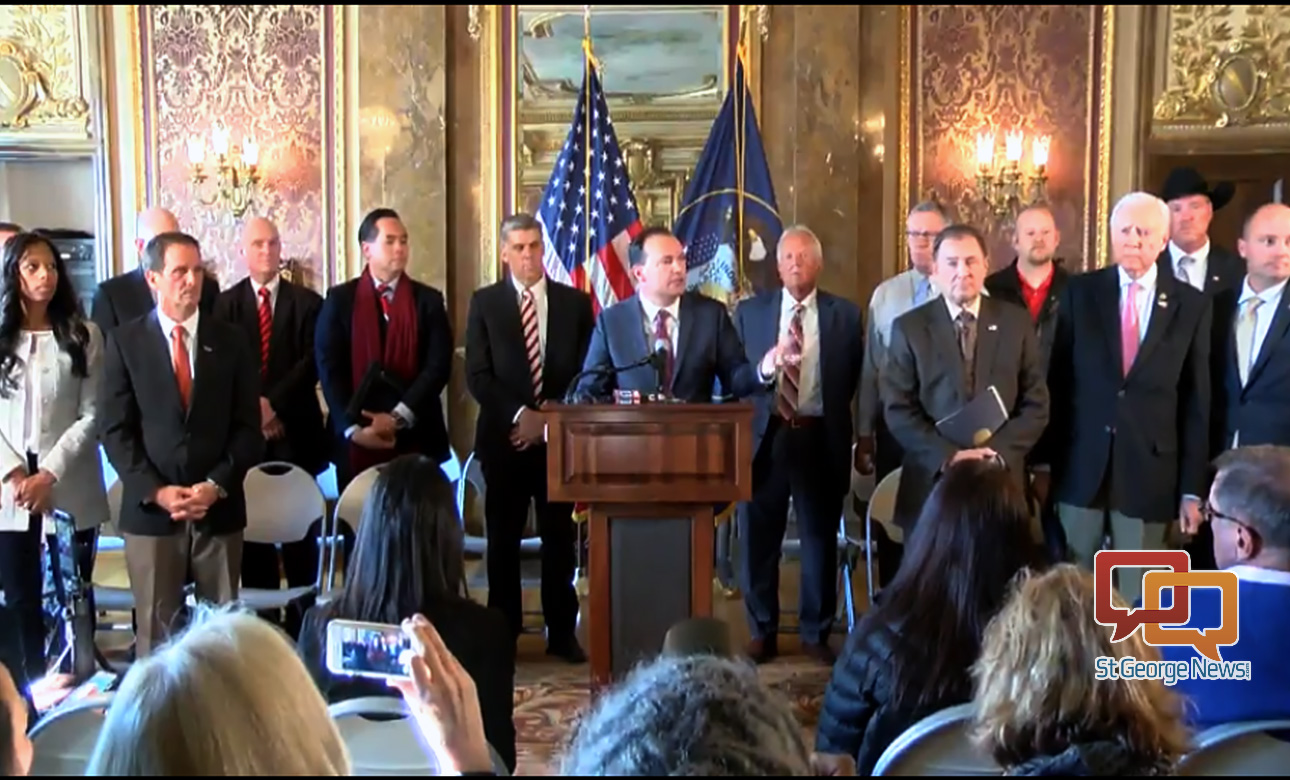 Sen. Mike Lee, R-Utah, along with other elected officials, calls on President Barack Obama to not make Bears Ears in San Juan County a national monument, Salt Lake City, Utah, Dec. 17, 2016 | Photo courtesy of the Office of Sen. Mike Lee, St. George News