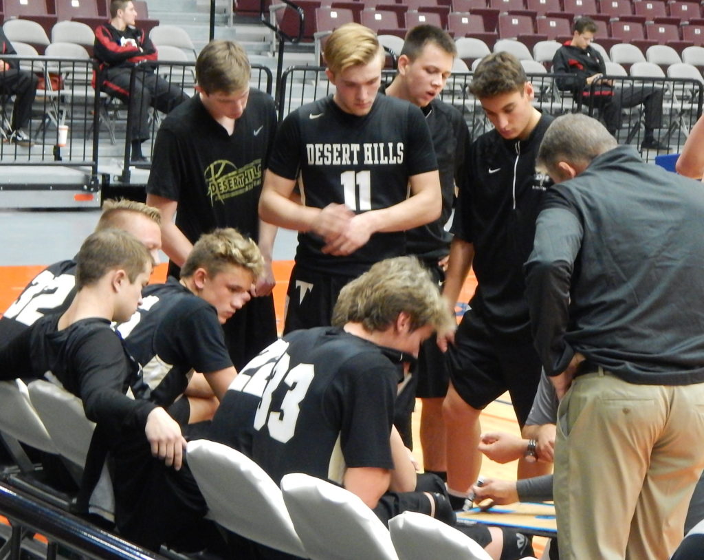 Coach Wade Turley talks with his team, Desert Hills vs. Grantsville, 3A Preview, Richfield, Utah, Dec. 3, 2016 | Photo by Andy Griffin, St. George News