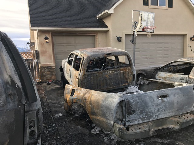 A man was arrested for arson after police said several vehicles were intentionally set on fire in Cedar City, Utah, early Tuesday, Jan. 10, 2017 | Photo courtesy of Cedar City Police Sgt. Jerry Womack, St. George News / Cedar City News