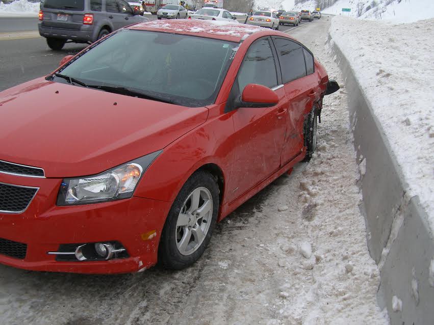 Red Chevrolet sustains damage when a silver Hyundai crosses median on SR-91 into oncoming traffic Saturday evening, Box Elder County, Utah, Jan. 7, 2017 | Photo courtesy of Utah Highway Patrol, St. George News.