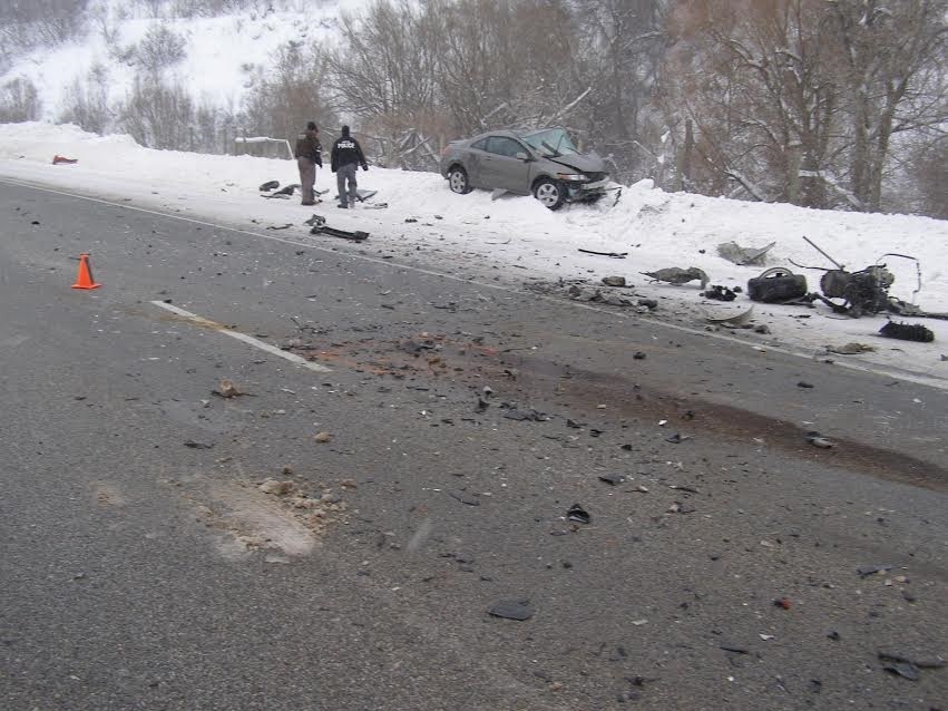 Scene of a crash where one woman dies after silver a Hyundai crosses the median on SR-91 into oncoming traffic Saturday evening, Box Elder County, Utah, Jan. 7, 2017 | Photo courtesy of Utah Highway Patrol, St. George News.