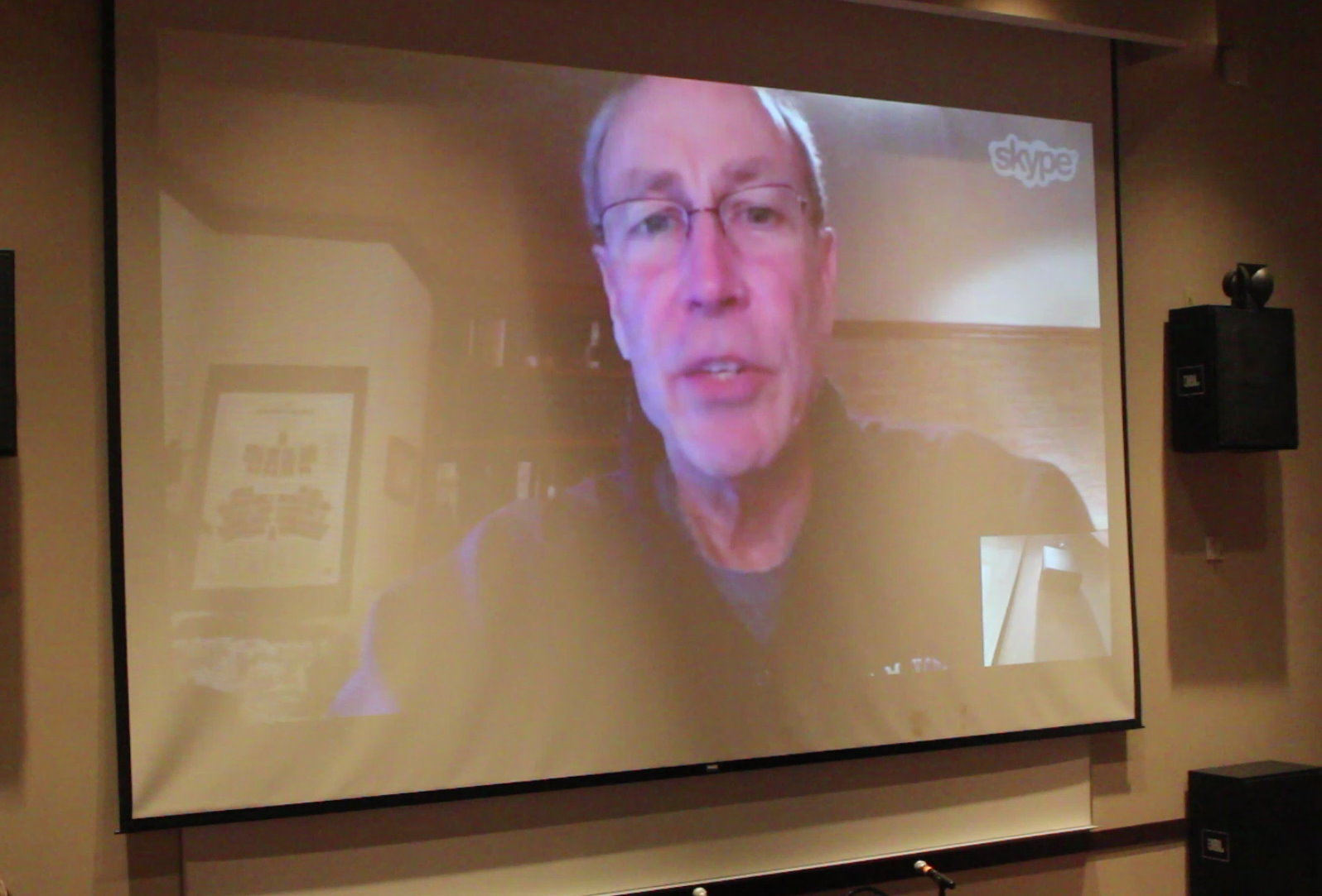 Utah Rep. Merrill Nelson, R-Grantsville, speaks to a group of about 30 people, including some fellow legislators, via Skype about a movement supported a call for a convention of states to amend the constitution with the purpose of limiting federal power. Nelson has introduced a resolution supporting the call of a convention to be addressed in the upcoming 2017 legislative session, St. George, Utah, Jan, 9, 2016 | Photo by Mori Kessler, St. George News