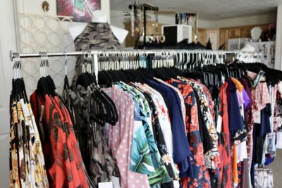 Marie Nohr designs hang from clothing rack, March 30, 2022, Ivins, Utah | Photo by Jessi Bang, St. George News