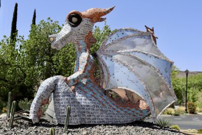 A large dragon art piece by Deveren Farley sits in a roundabout downtown, April 17, 2022, St. George, Utah | Photo by Jessi Bang, St. George News