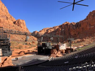 The red rock amphitheater of Tuacahn glows in the morning light, April 17, 2022, Ivins, Utah | Photo by Jessi Bang, St. George News