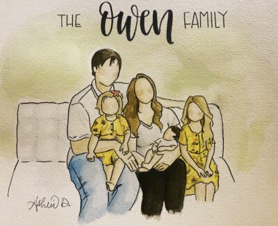 A faceless portrait in watercolor shows a family sitting on a couch, location and date unspecified | Photo courtesy of Ashlie Davenport, St. George News