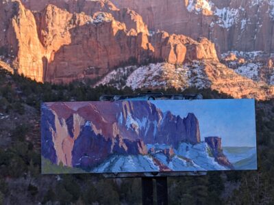 A painting by Steven Anzardo sits on an easel, Kolob Canyon, Utah, Date Unspecified | Photo courtesy of Steven Anzardo, St. George News 