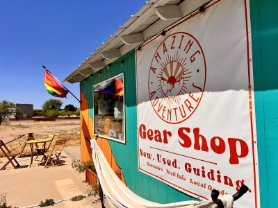 The front of Amazing Adventures Gear Shop features a hammock and a large sign, June 8, 2022 | Photo by Jessi Bang, St. George News