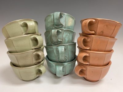 Stacks of soup bowls by Ridge Merrill are shown in Sage Green, Patina Blue and Zion Orange, location and date unspecified | Photo courtesy of Ridge Merrill, St. George News