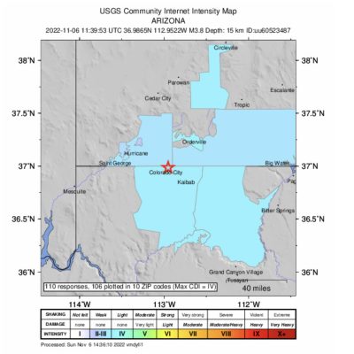 The USGS Community Internet Intensity Map shows users who reported feeling the earthquake Sunday morning | Photo via the University of Utah Seismograph Stations' website, St. George News