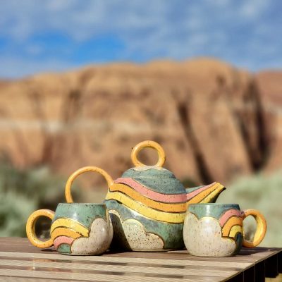 A tea set by Sun Lotus Designs sits near Snow Canyon State Park in Ivins, Utah, date unspecified | Photo courtesy of Marjorie Ann Eno, St. George News