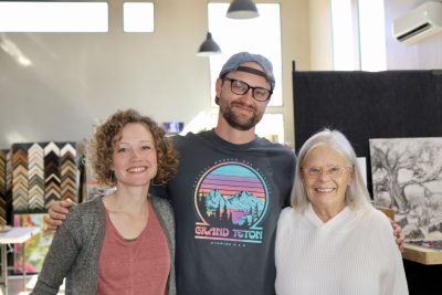 (L-R) Darcy Lee Saxton, Matt Pectol and Ginny Northcott take a photo inside MakeSpace Kayenta in Ivins, Utah, Oct. 25, 2023 | Photo by Jessi Bang, St. George News