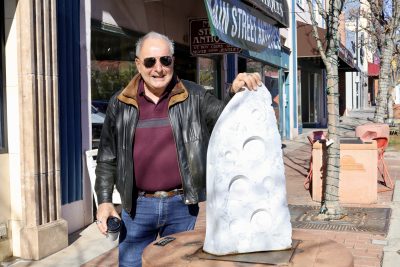 Patrick Sullivan stands with his sculpture "1960" that was installed as part of Art Around the Corner, St. George, Utah, Jan. 11, 2024 | Photo by Jessi Bang, St. George News