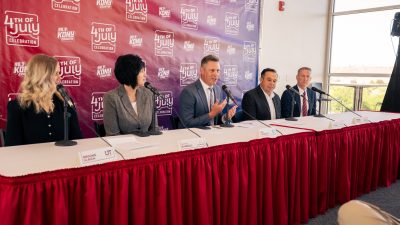 L-R: Utah Tech University Media Coordinator Brooke Ulrich, St. George Mayor Michele Randall, Ben Lindquist, General Manager of Canyon Media and St. George News, Washington County Commissioner Victor Iverson and United We Pledge CEO Dennis Leavitt lead the 4th of July Celebration press conference, St. George, Utah, April 24, 2024 | Photo courtesy of Aaron Crane, St. George News