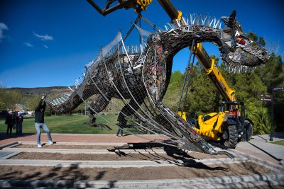 "Go To Work" By Deveren Farley is installed, which features a large dragon made from scrap metal and other various items, St. George, Utah, date not specified | Photo by Mo Atkin, St. George News